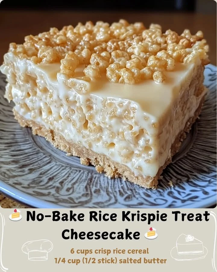 Delicious slice of No-Bake Rice Krispie Treat Cheesecake topped with marshmallows
