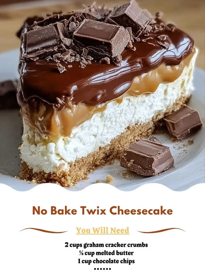 Delicious No Bake Twix Cheesecake topped with chocolate and caramel