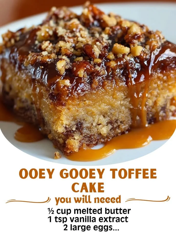 Delicious ooey gooey toffee cake topped with caramel and nuts