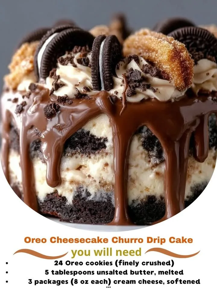 Oreo Cheesecake Churro Drip Cake with layers of cheesecake and drizzled churros