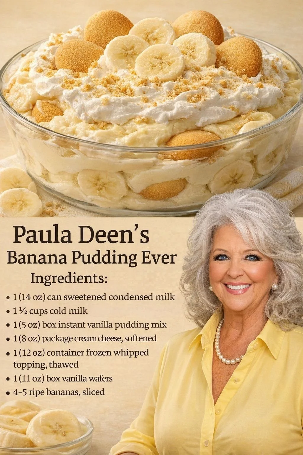 Paula Deen's creamy banana pudding dessert in a glass dish