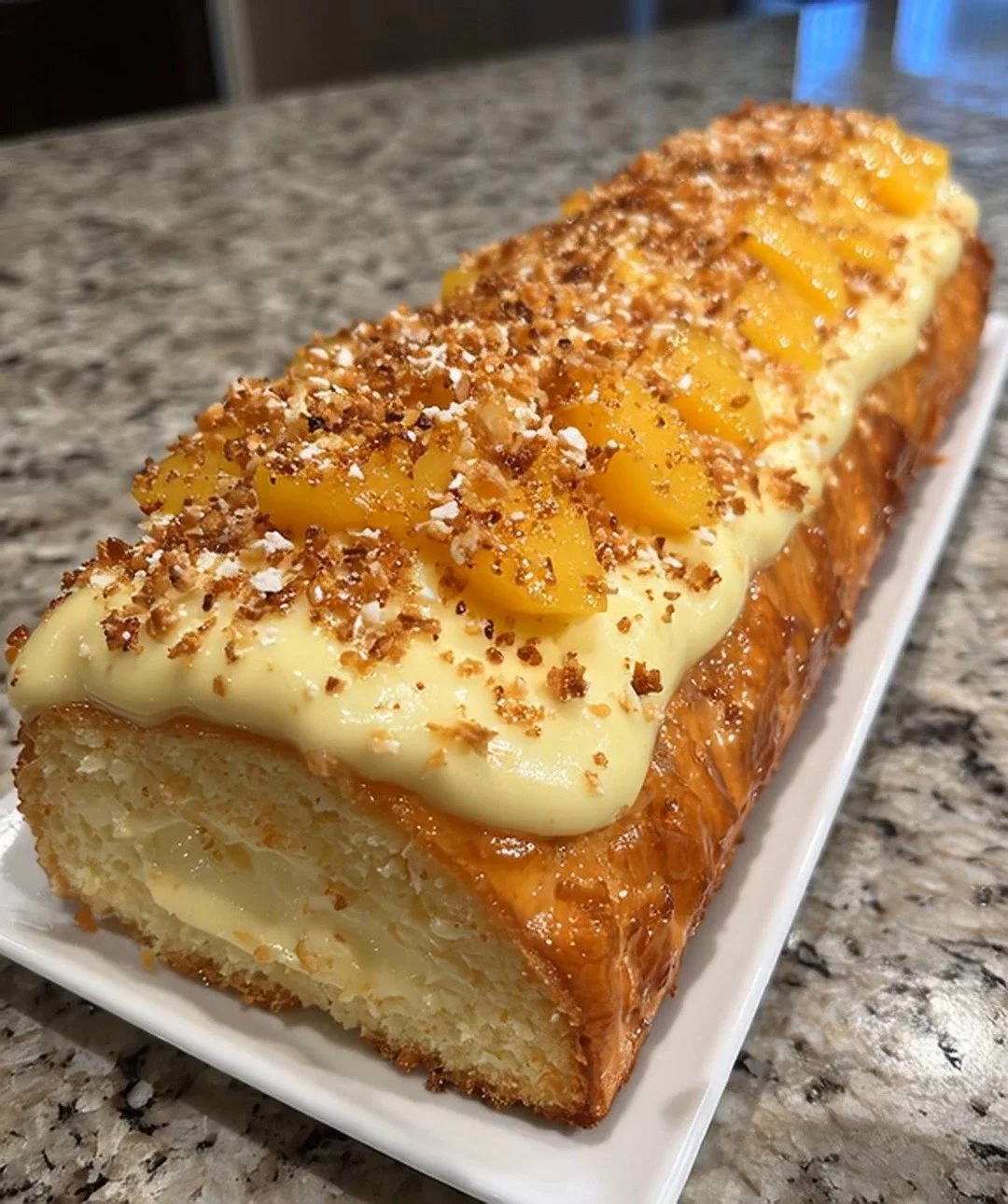 Peach Coconut Cream Roll dessert showcasing fresh peaches and coconut cream.