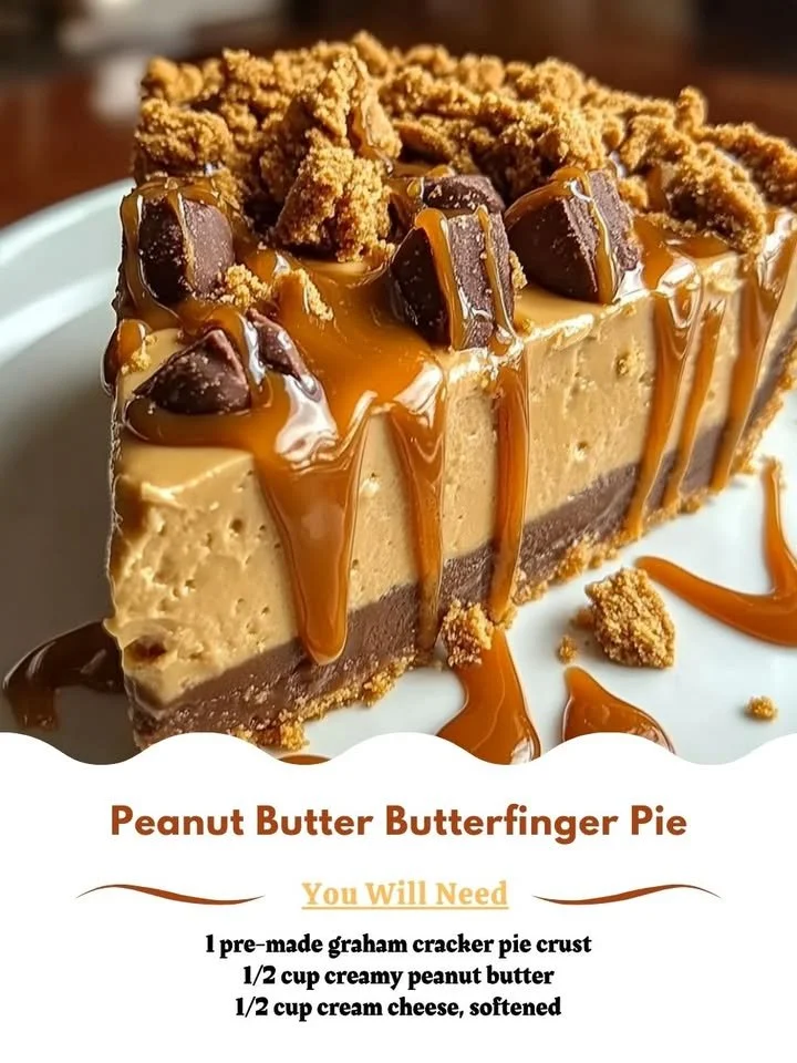 Delicious slice of Peanut Butter Butterfinger Pie on a plate
