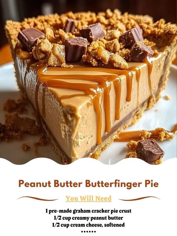 Delicious Peanut Butter Butterfinger Pie topped with chocolate and crushed Butterfinger