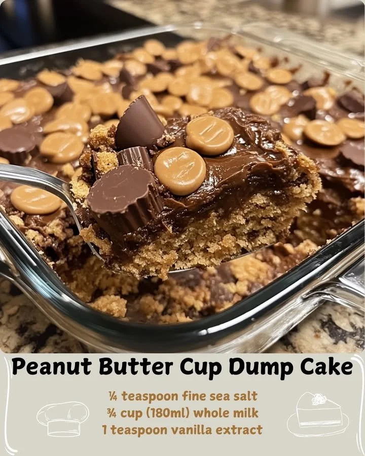 Delicious Peanut Butter Cup Dump Cake topped with chocolate and peanut butter