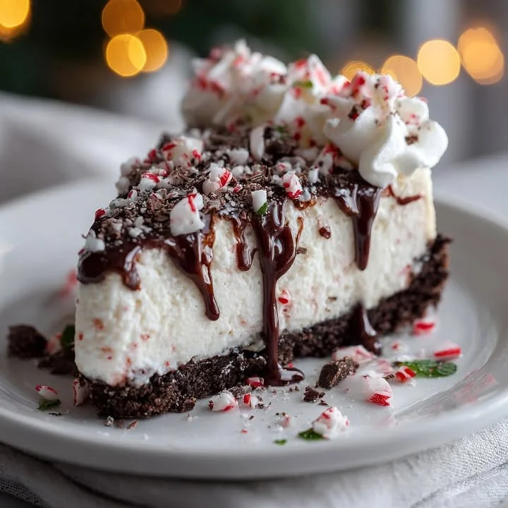 Slice of peppermint Oreo cheesecake topped with crushed Oreos and mint garnish