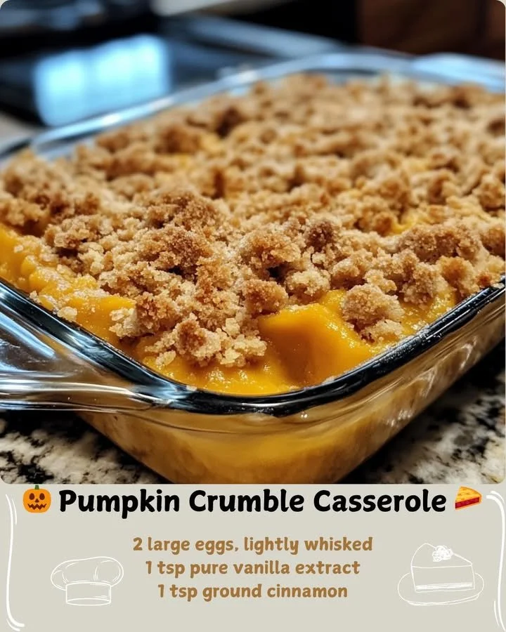 Delicious pumpkin crumble casserole with crunchy topping served in a baking dish