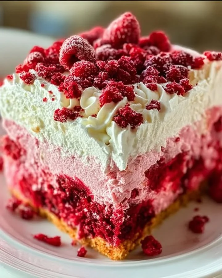 Delicious Raspberry Zinger Poke Cake topped with raspberry frosting and coconut.