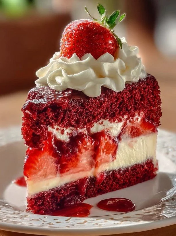 Delicious Red Velvet Strawberry Cheesecake with fresh strawberries on top