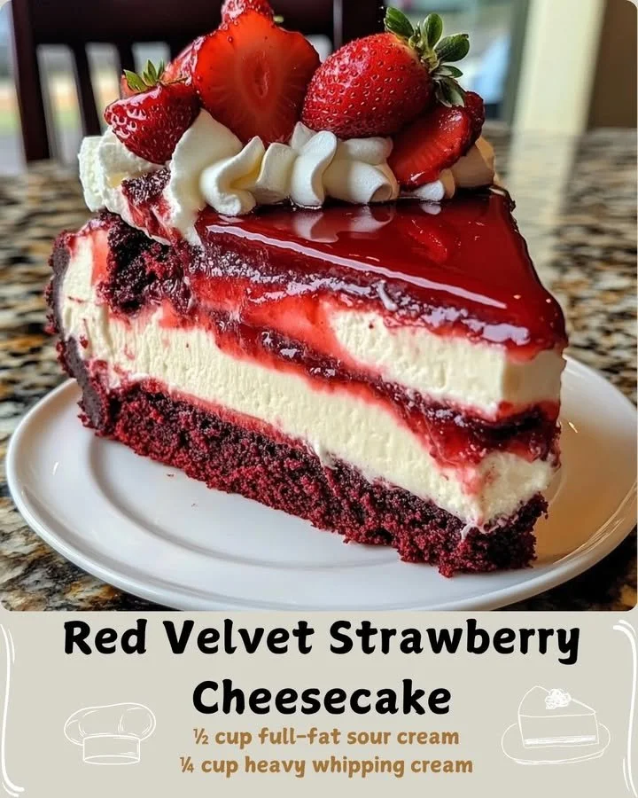 Slice of Red Velvet Strawberry Cheesecake with strawberries on top