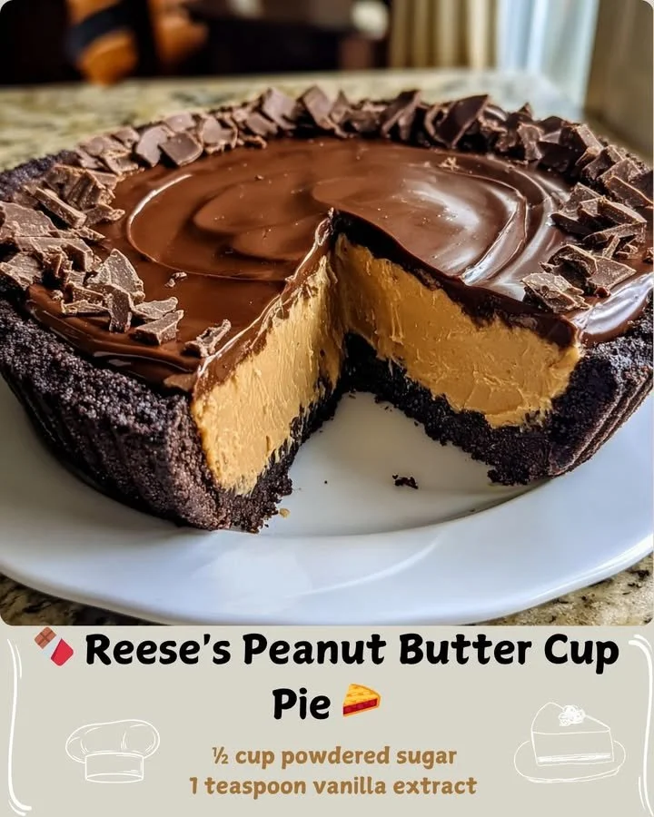 Delicious Reese's Peanut Butter Cup Pie with rich chocolate and creamy peanut butter filling.