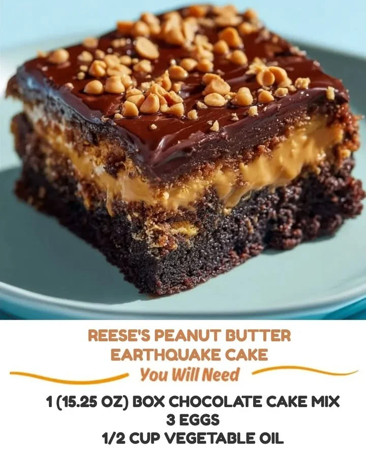 Slice of Reese's Peanut Butter Earthquake Cake topped with chocolate and peanut butter drizzle