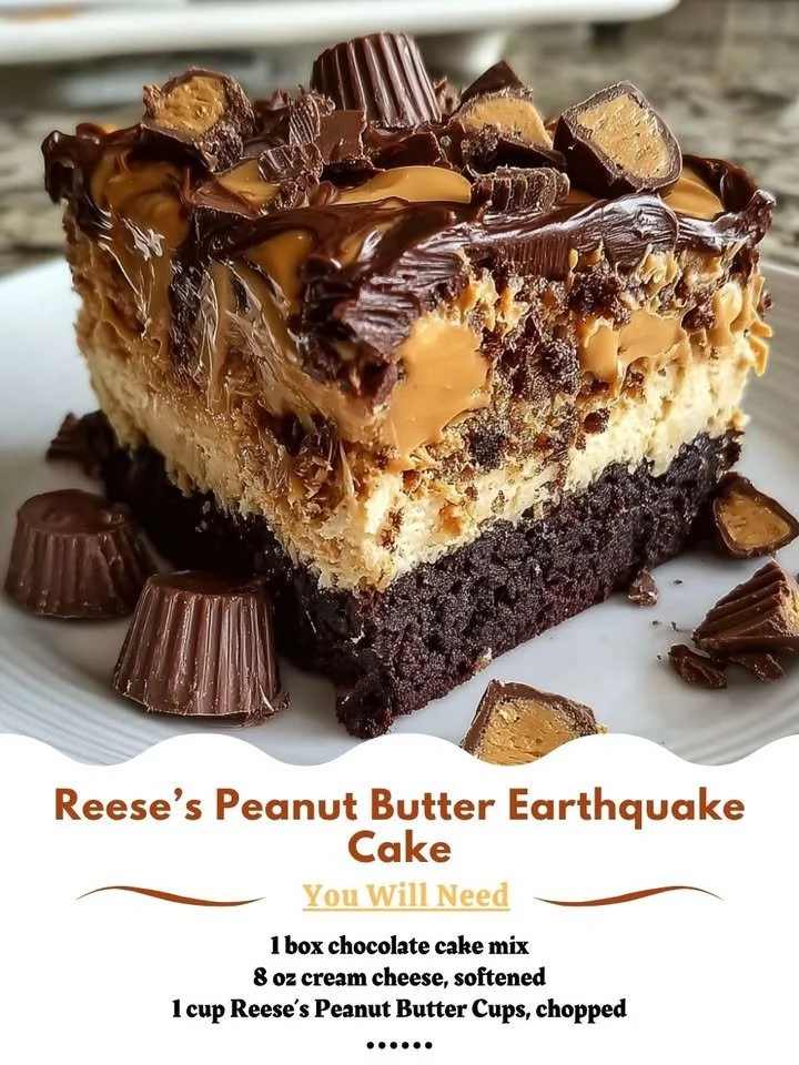 Slice of Reese's Peanut Butter Earthquake Cake topped with chocolate and peanut butter.