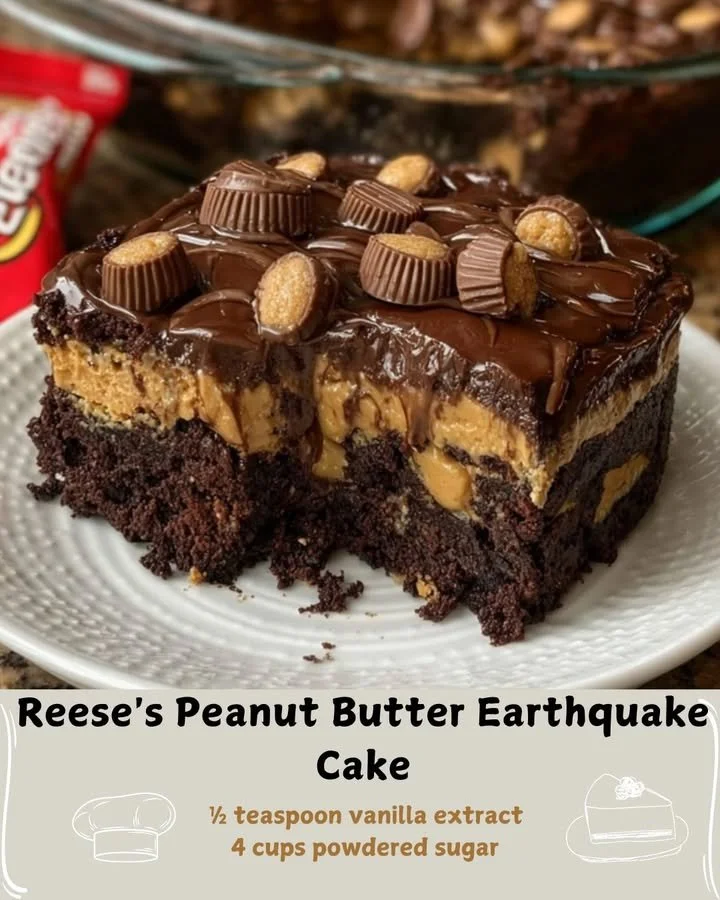 Delicious Reese's Peanut Butter Earthquake Cake with chocolate and peanut butter layers.