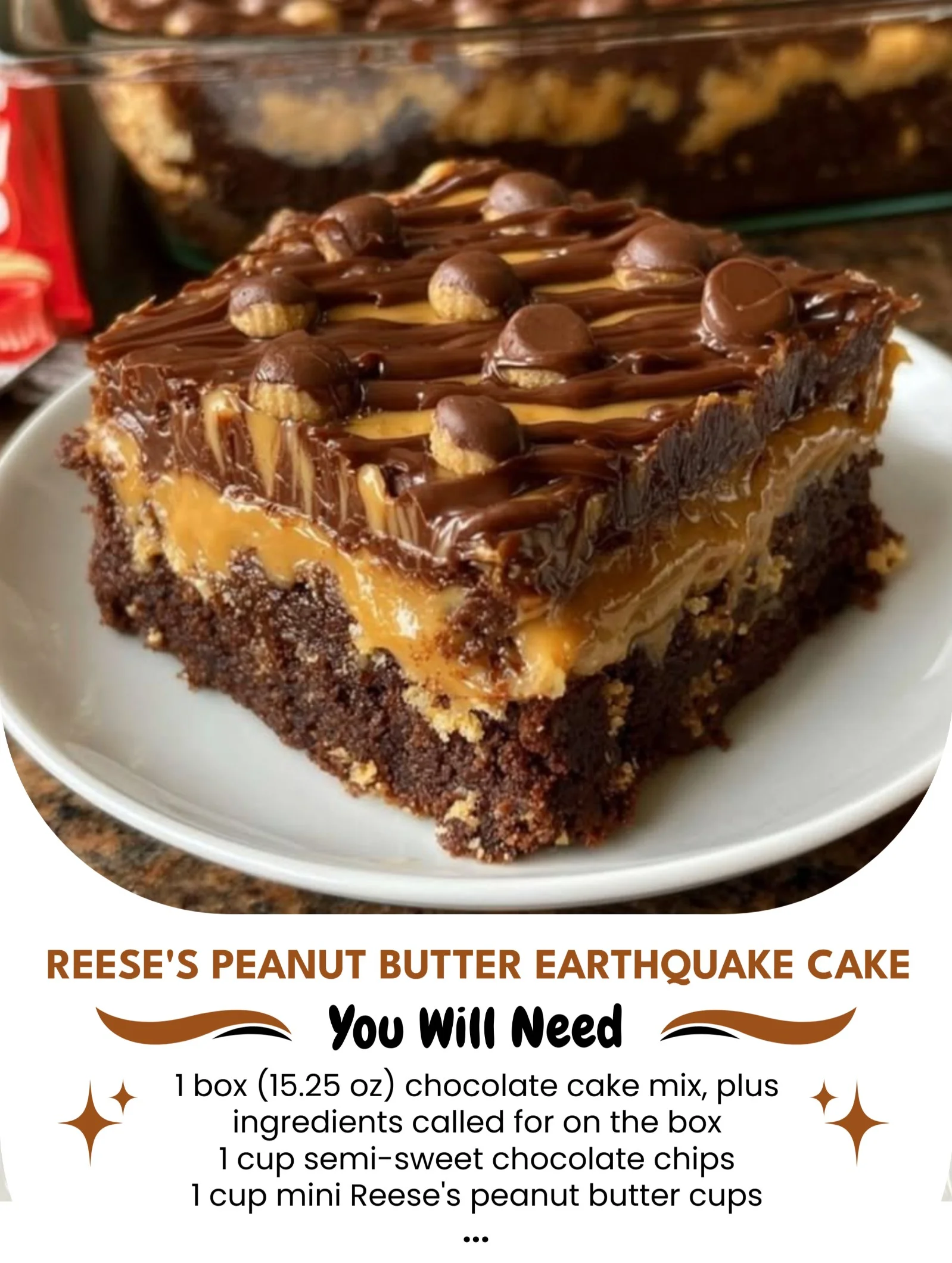 Delicious Reese's Peanut Butter Earthquake Cake topped with chocolate and peanut butter