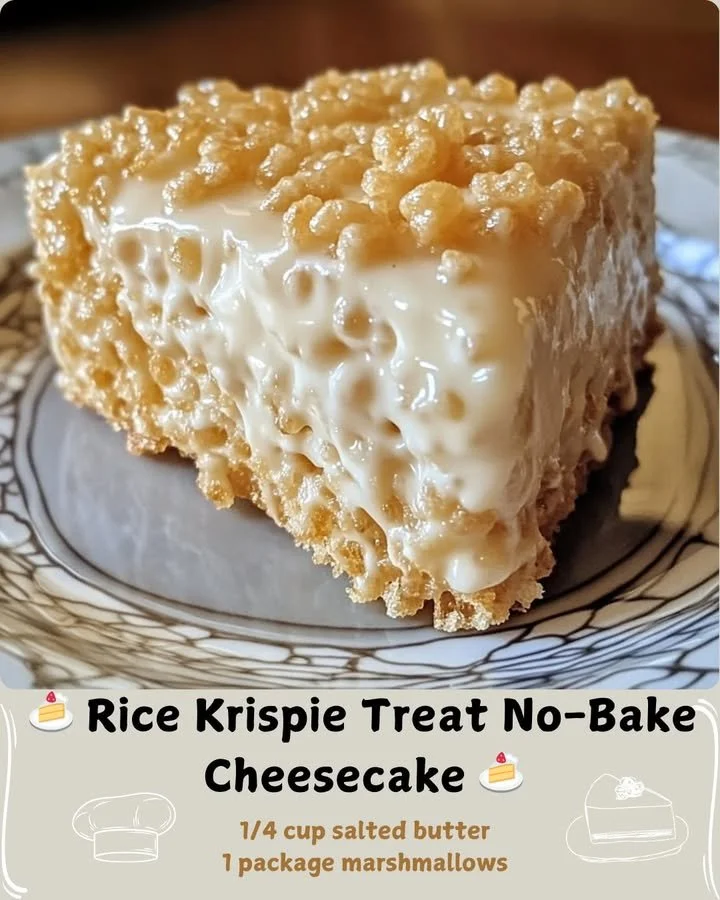 Delicious Rice Krispie Treat No-Bake Cheesecake topped with whipped cream.