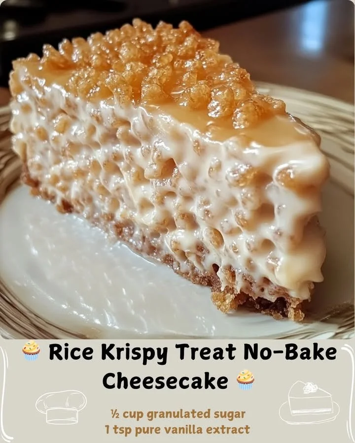 Slice of Rice Krispy Treat No-Bake Cheesecake with crispy topping
