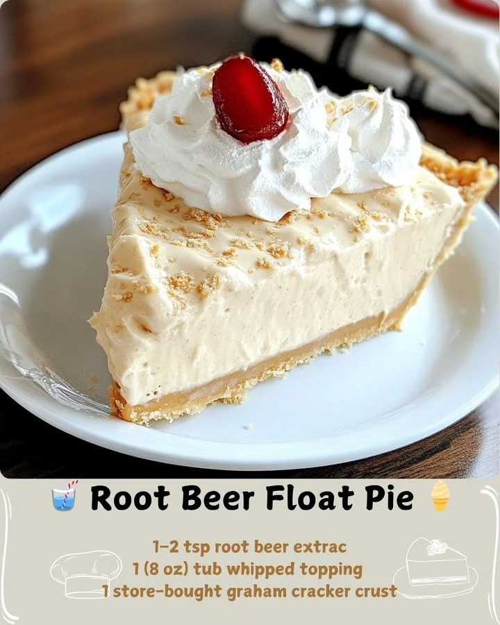 Delicious Root Beer Float Pie topped with whipped cream and root beer syrup