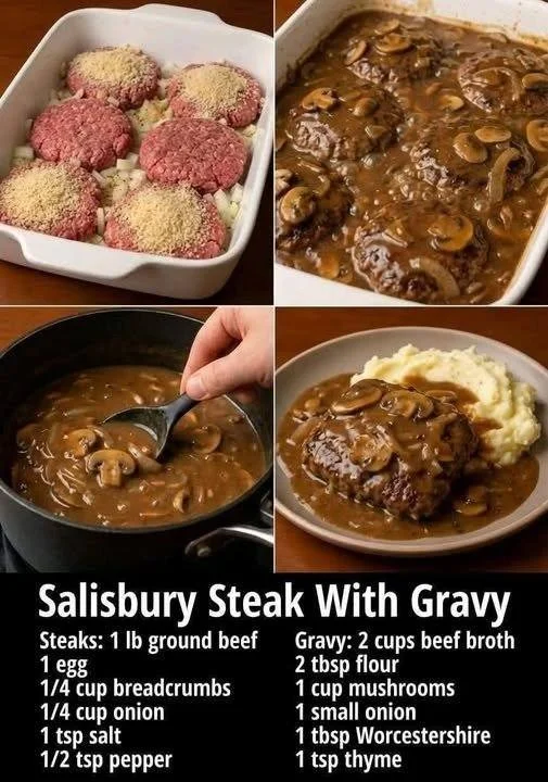 A hearty Salisbury steak served with delicious onion gravy on a plate.