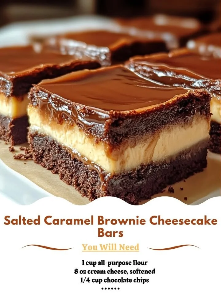 Delicious salted caramel brownie cheesecake bars on a white plate