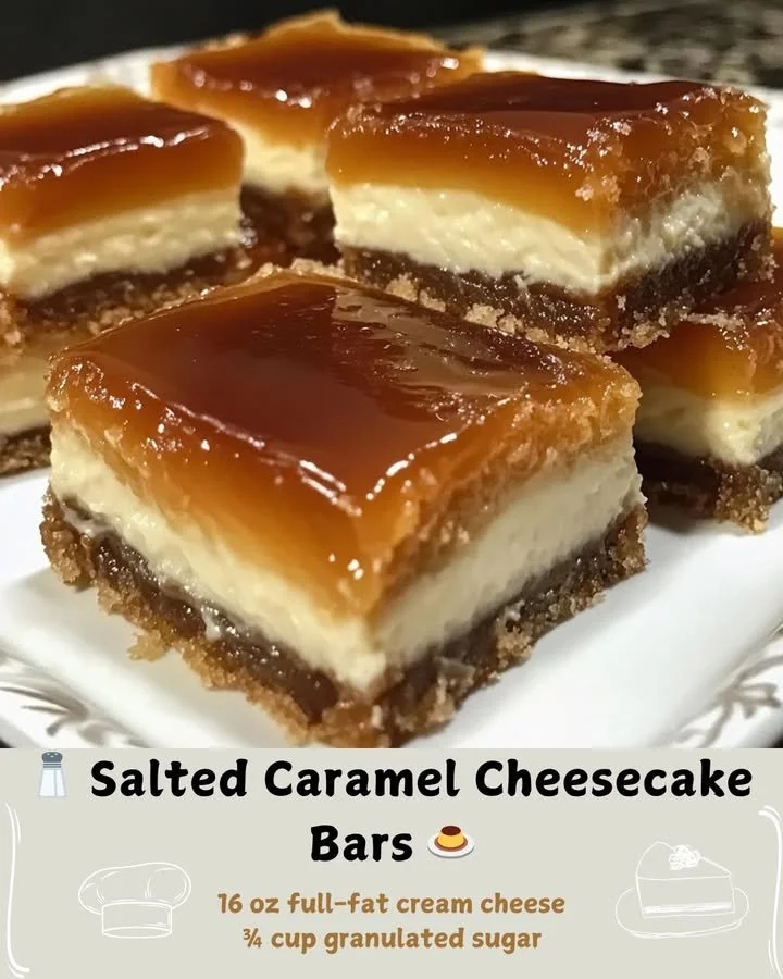 Delicious salted caramel cheesecake bars cut into squares on a white plate
