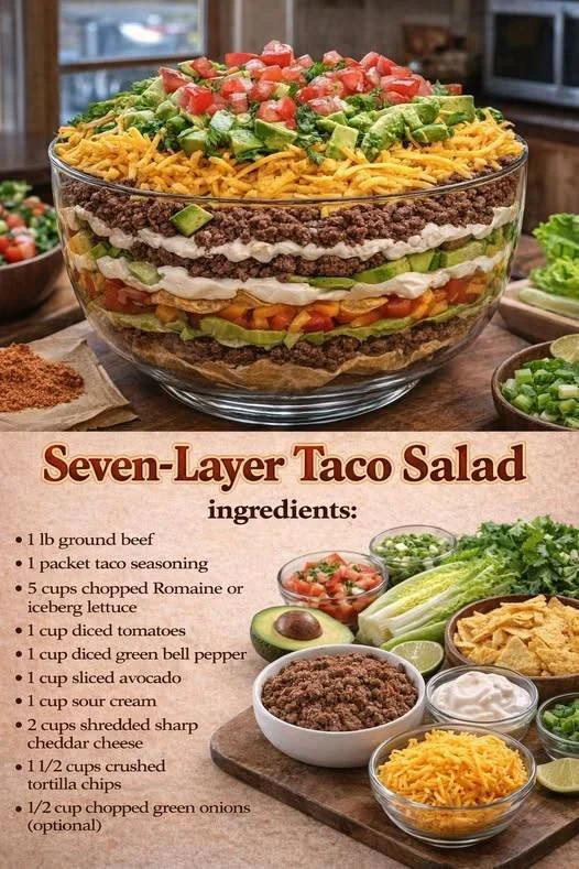 Delicious Seven-Layer Taco Salad with fresh ingredients and vibrant colors