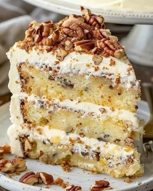 Delicious Southern Creamy Pineapple Pecan Cake with cream cheese frosting