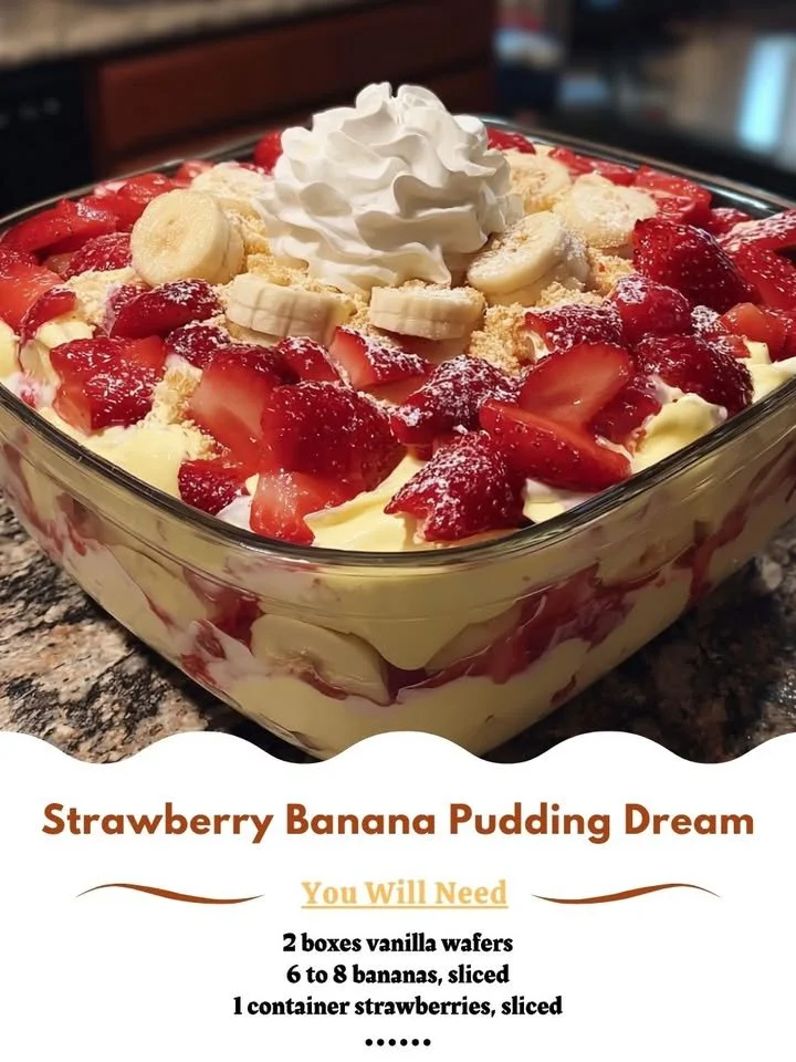 Delicious strawberry banana pudding served in a glass with fresh fruit