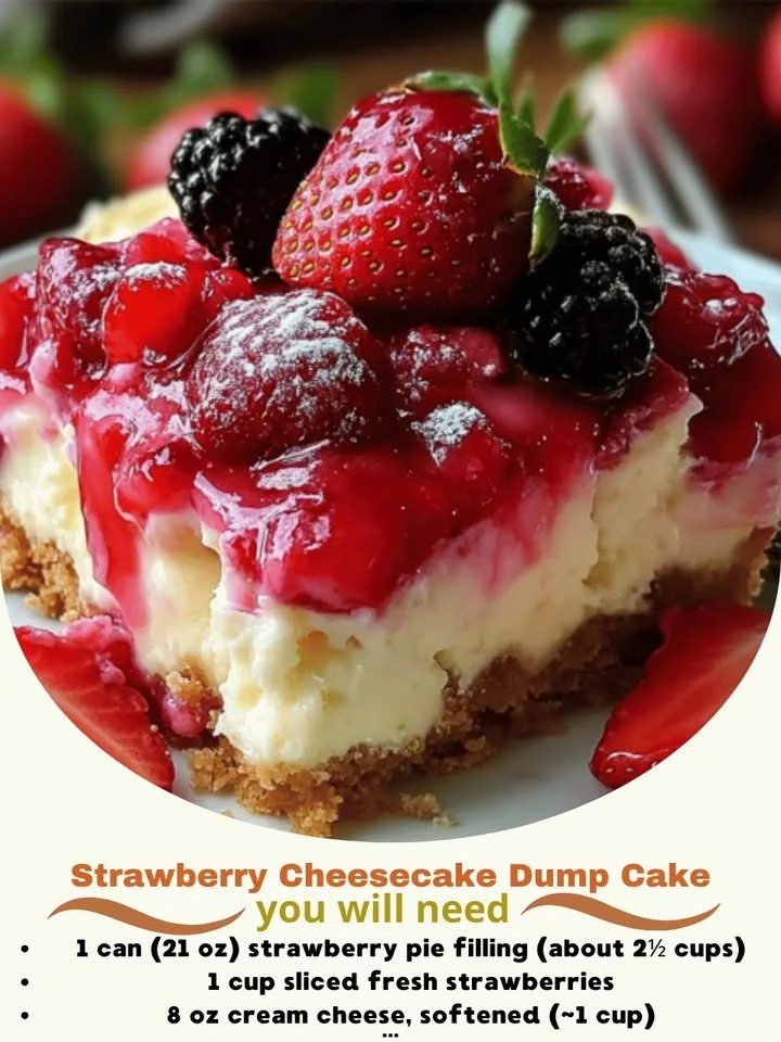 Delicious Strawberry Cheesecake Dump Cake topped with fresh strawberries