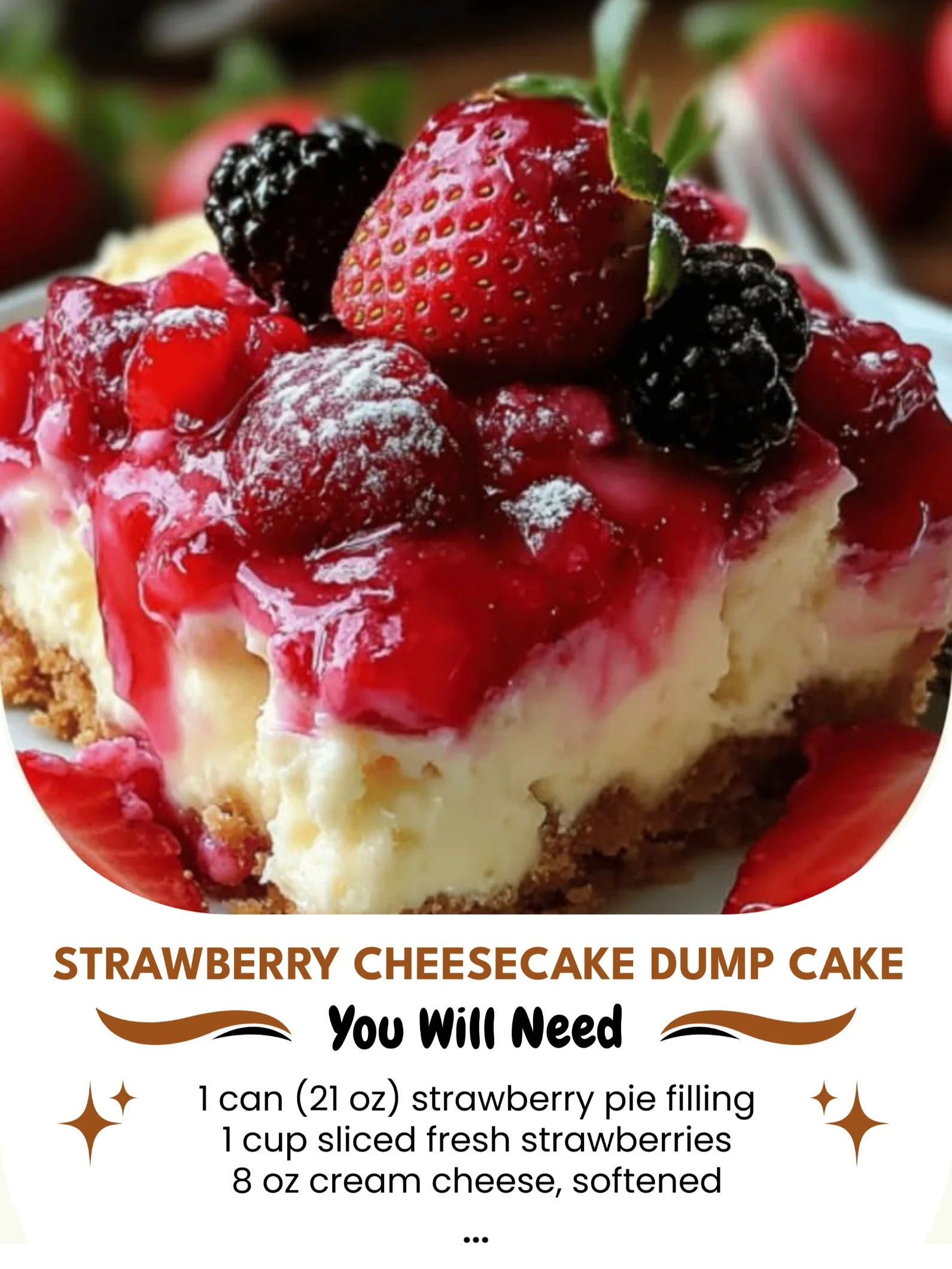 Delicious strawberry cheesecake dump cake topped with fresh strawberries