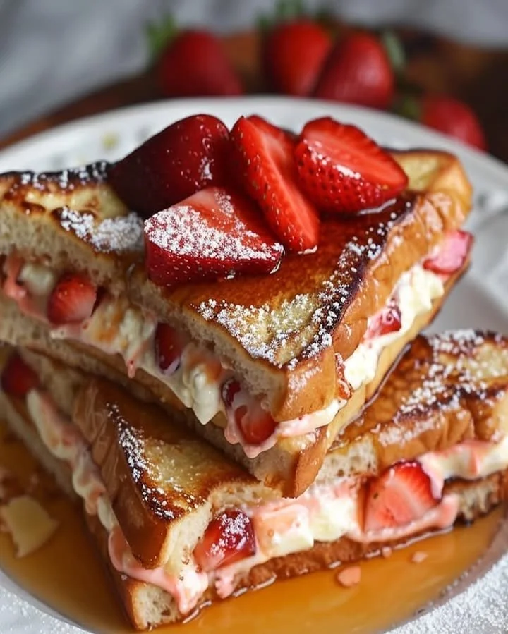 Strawberry cheesecake stuffed French toast on a plate with fresh strawberries