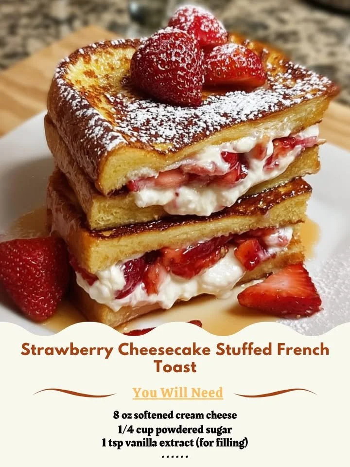 Strawberry Cheesecake Stuffed French Toast topped with fresh strawberries