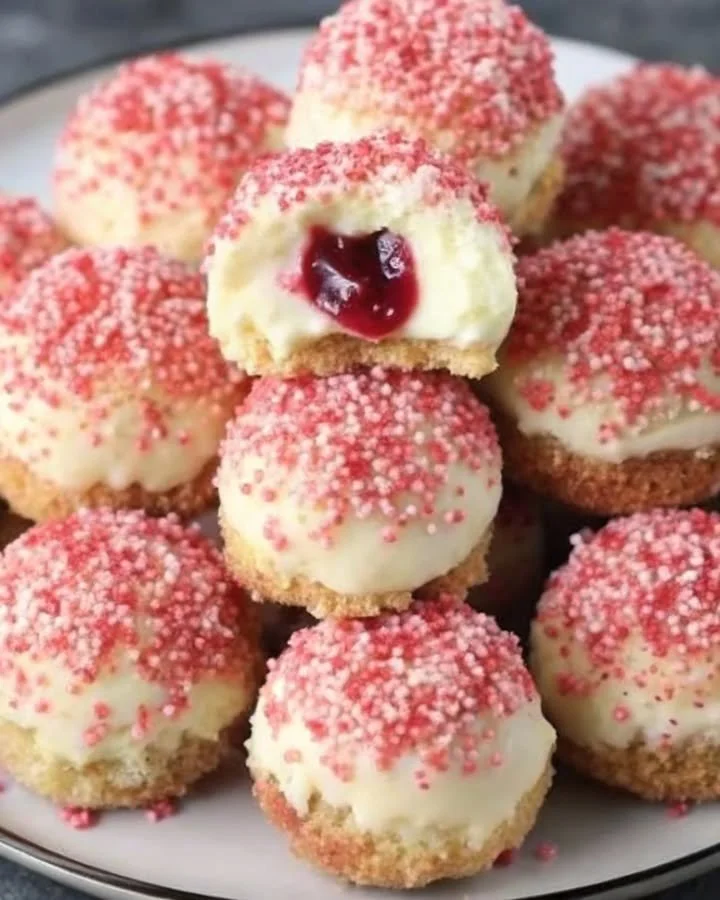 Strawberry crunch cheesecake bites on a plate, perfect for dessert lovers