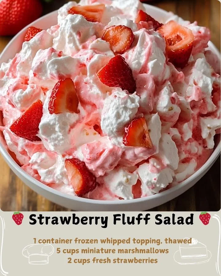 Delicious Strawberry Fluff Salad in a bowl with fresh strawberries