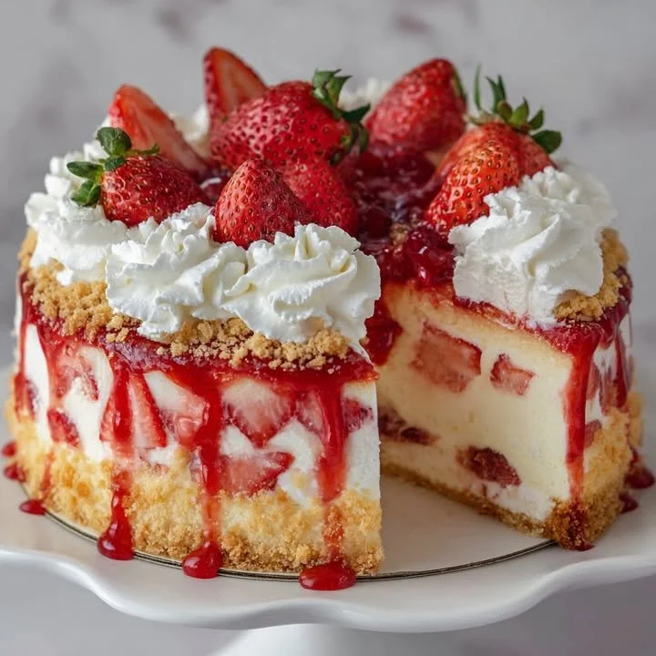 Delicious homemade strawberry shortcake bars with fresh strawberries and whipped cream.