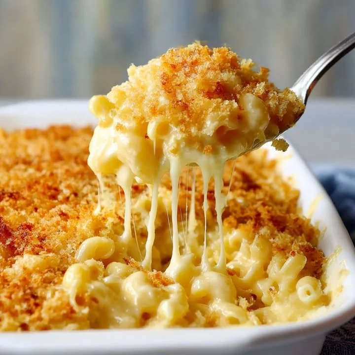 Delicious homemade baked mac and cheese served in a ceramic dish