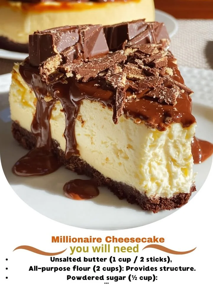 Slice of rich and creamy Millionaire Cheesecake on a plate