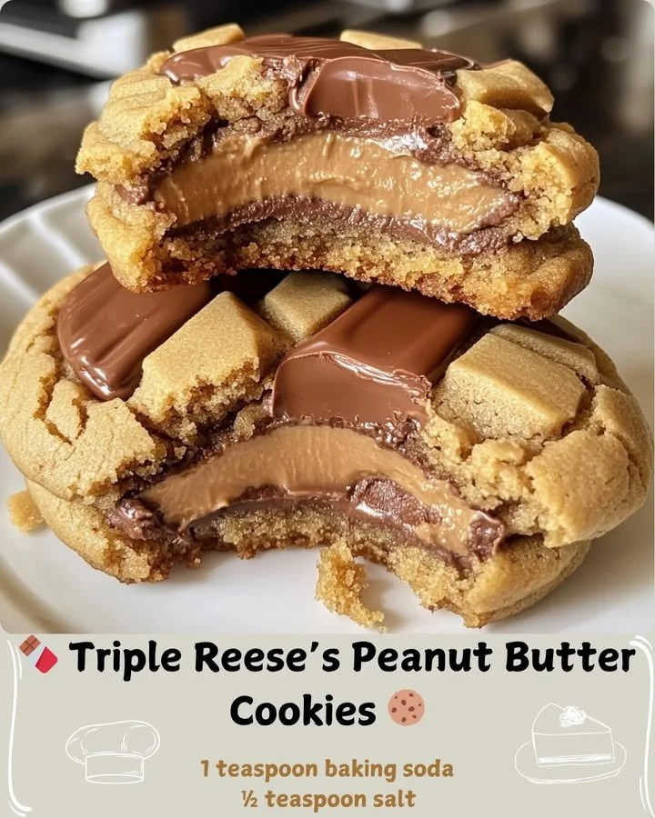 Delicious Triple Reese's Peanut Butter Cookies stacked on a plate