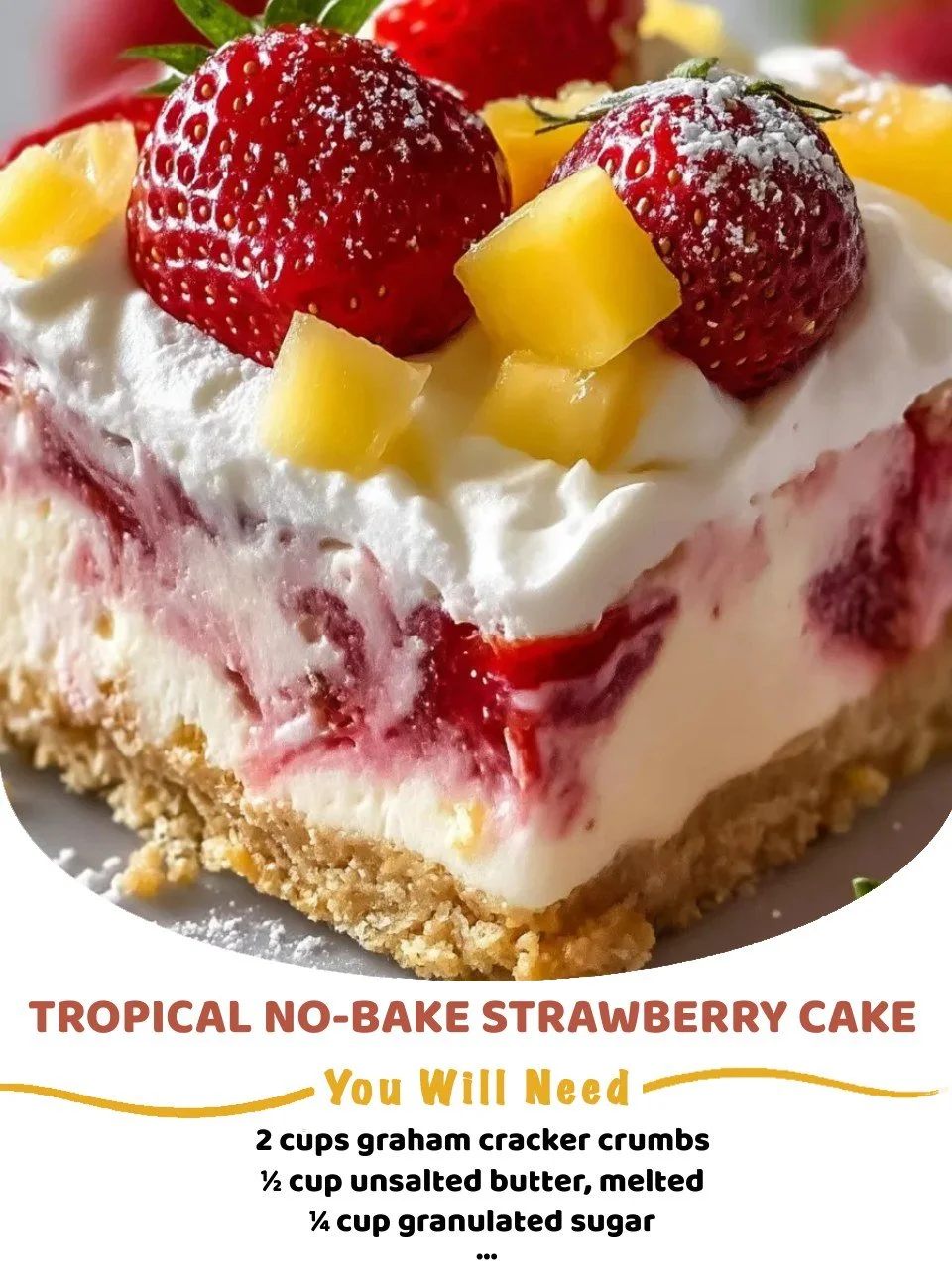 Tropical no-bake strawberry cake garnished with fresh strawberries and coconut