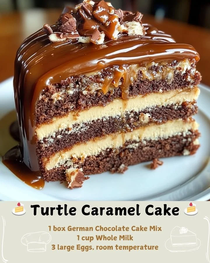 Delicious Turtle Caramel Cake topped with caramel and pecans