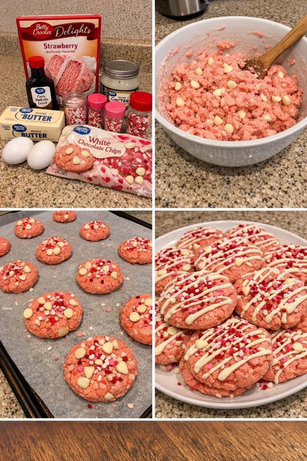 Heart-shaped Valentine strawberry cookies decorated with icing and fresh strawberries.