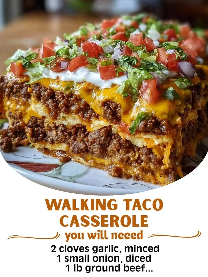 A hearty Walking Taco Casserole topped with chips and toppings in a baking dish.