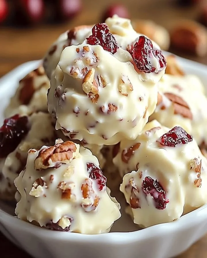 White chocolate cranberry pecan clusters in a decorative bowl
