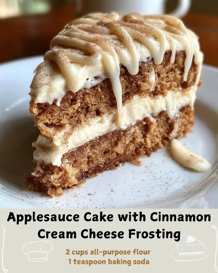 Delicious applesauce cake with cinnamon cream cheese frosting on a white plate.