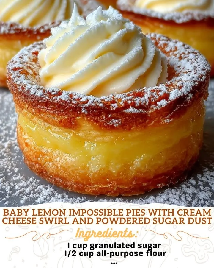 Delicious baby lemon impossible pies topped with cream cheese swirl and powdered sugar