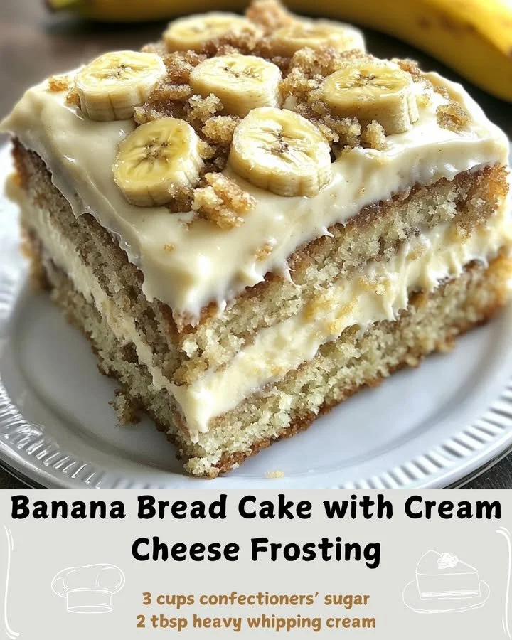 Slice of banana bread cake with cream cheese frosting on a plate