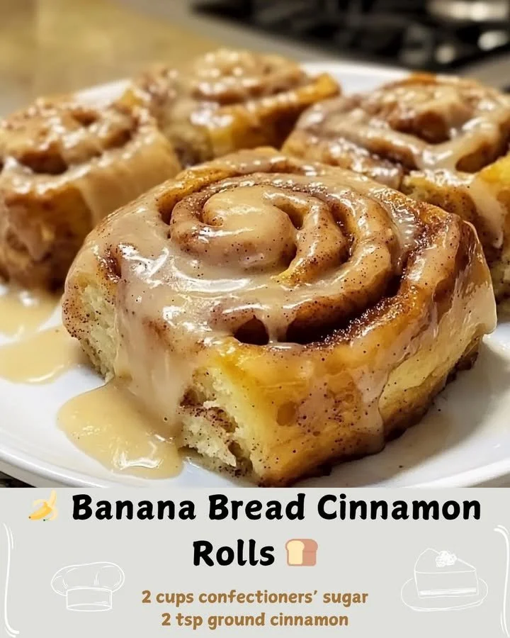 Delicious banana bread cinnamon rolls with a cinnamon topping on a plate.
