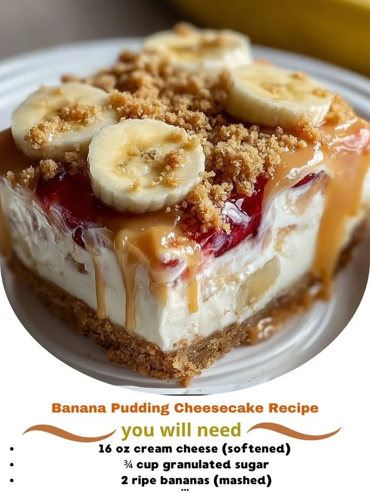 Delicious slice of banana pudding cheesecake topped with whipped cream and bananas