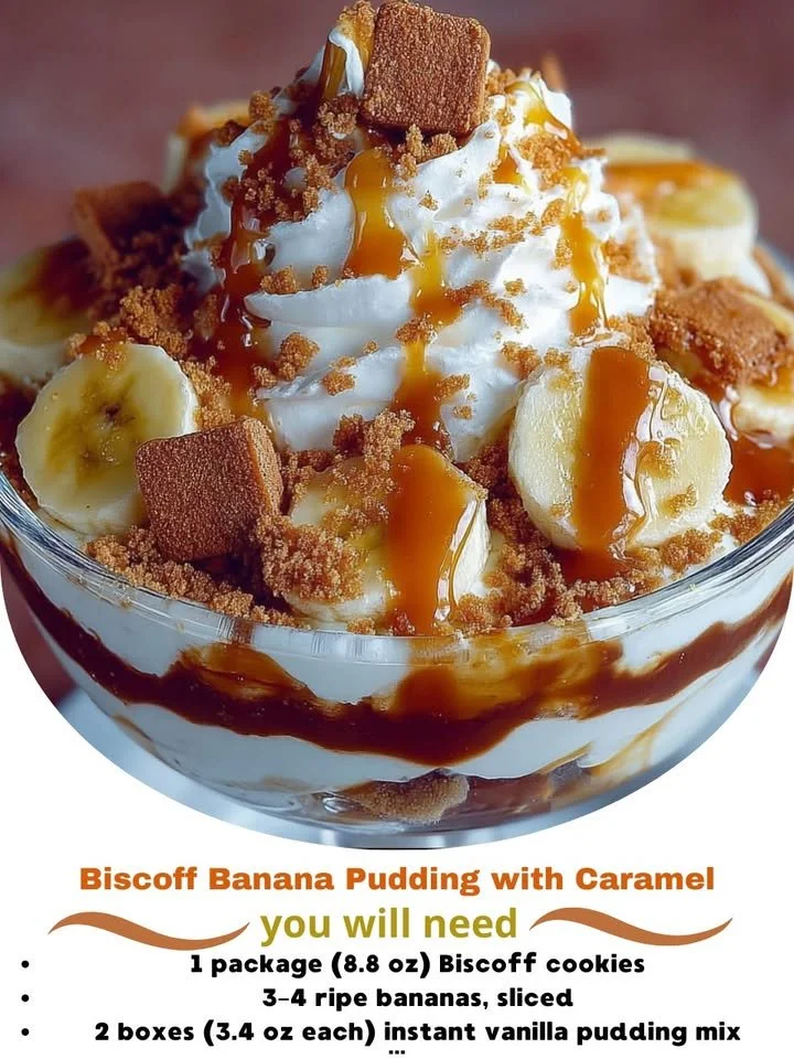 Biscoff banana pudding with caramel in a dessert bowl, garnished with cookies.