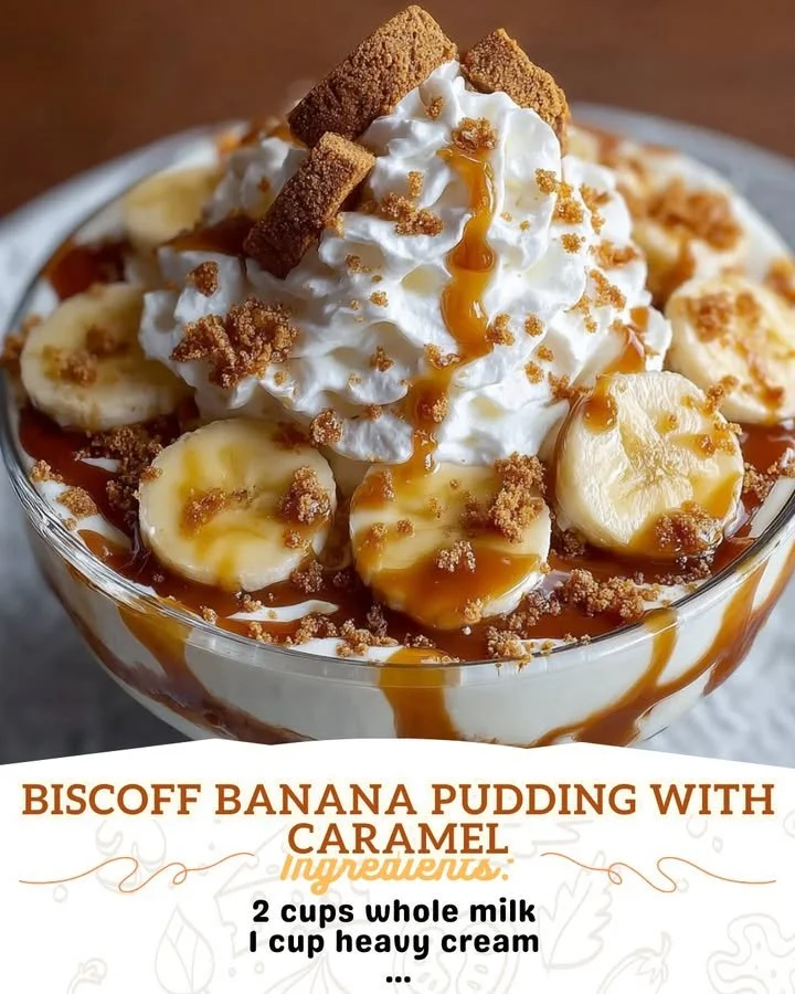 Delicious Biscoff banana pudding topped with caramel sauce in a glass dish.